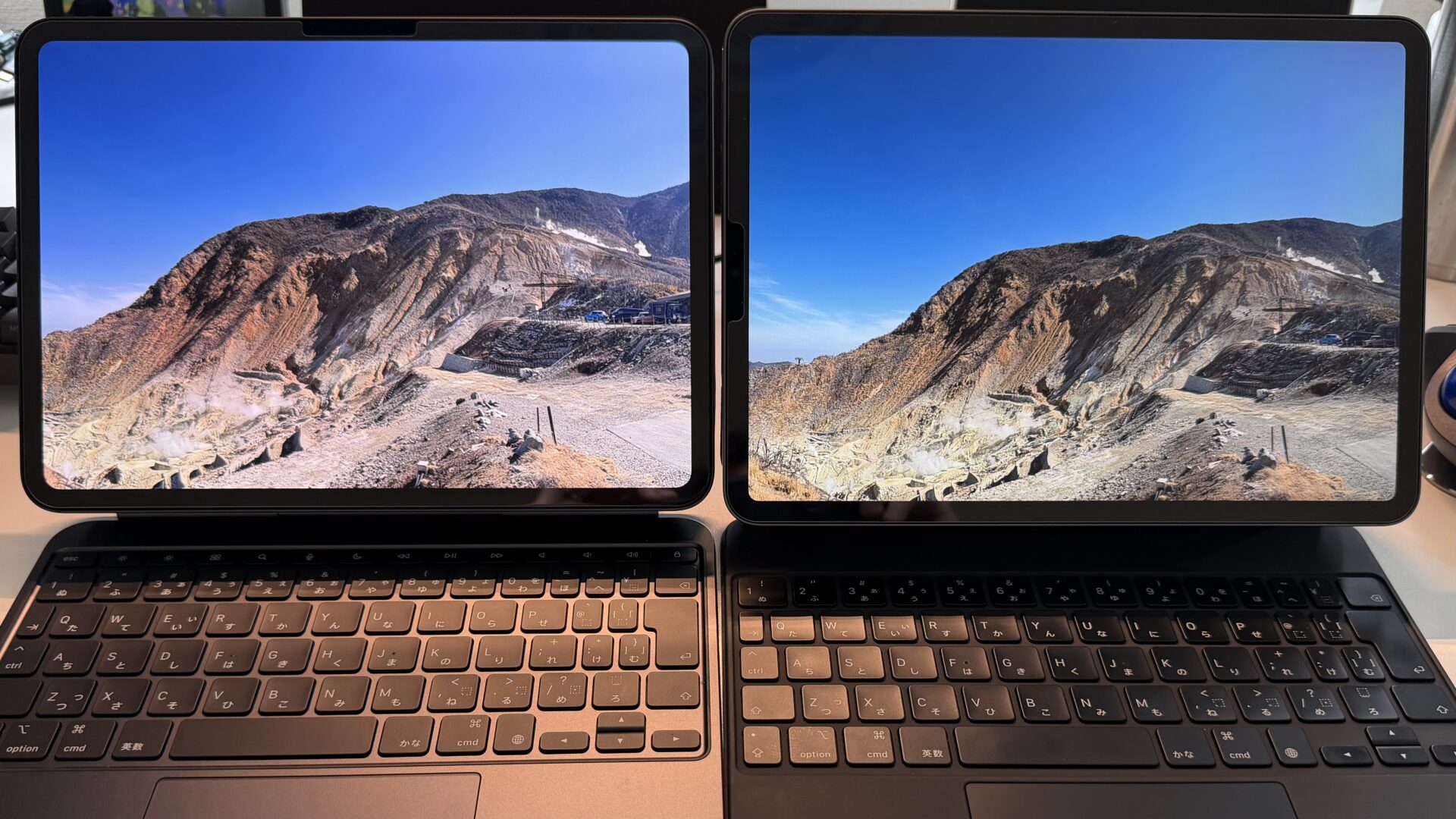 同じ風景の写真を表示した左のM5と右のM1のiPad Pro